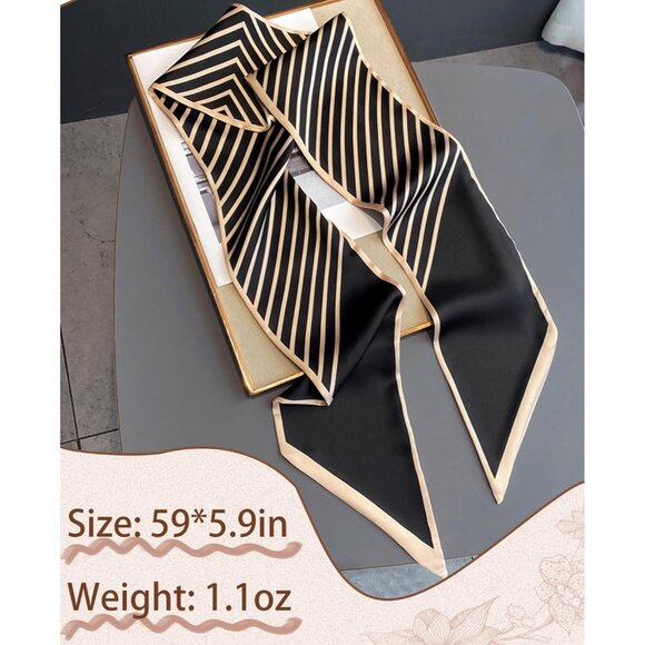 Women's Black Gold Twill Fashion Oblique Angle Silk Neck Scarf Printed Scarves - Picture 3 of 8